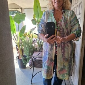 Nicole Sabbattini Kimono SzXL Tropical Pastel Colors Pretty Sleeve Detail NWOT